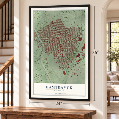 Hamtramck, Michigan map, 24 x 36 inch print in a black frame by a staircase
