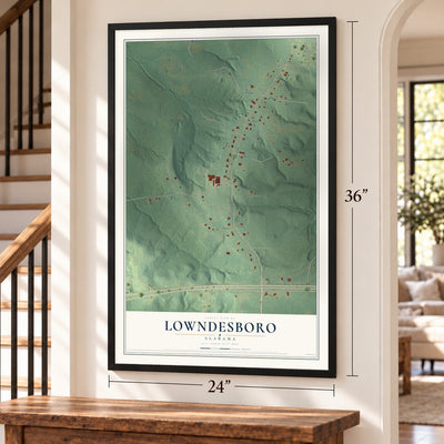Lowndesboro, Alabama map, 24 x 36 inch print in a black frame by a staircase