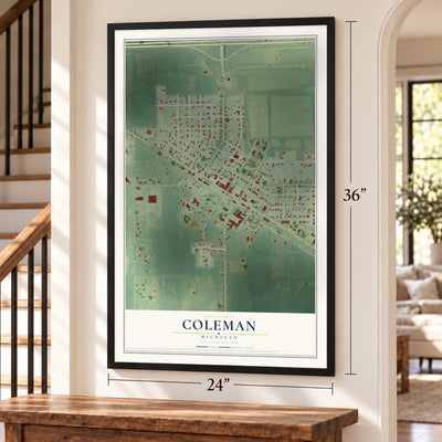 Coleman, Michigan map, 24 x 36 inch print in a black frame by a staircase