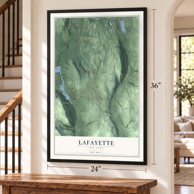 LaFayette, New York map, 24 x 36 inch print in a black frame by a staircase