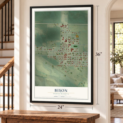 Bison, South Dakota map, 24 x 36 inch print in a black frame by a staircase