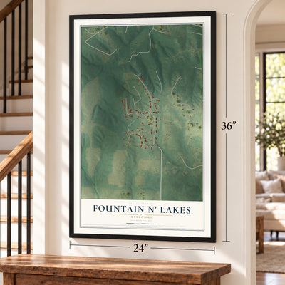 Fountain N' Lakes, Missouri map, 24 x 36 inch print in a black frame by a staircase