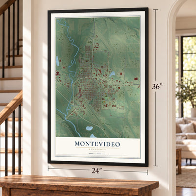 Montevideo, Minnesota map, 24 x 36 inch print in a black frame by a staircase
