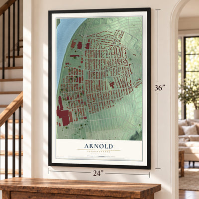 Arnold, Pennsylvania map, 24 x 36 inch print in a black frame by a staircase