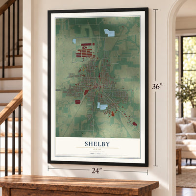 Shelby, Ohio map, 24 x 36 inch print in a black frame by a staircase