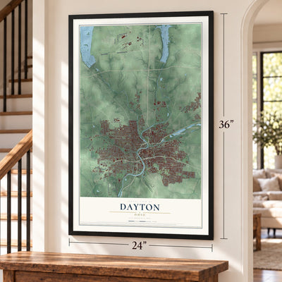 Dayton, Ohio map, 24 x 36 inch print in a black frame by a staircase