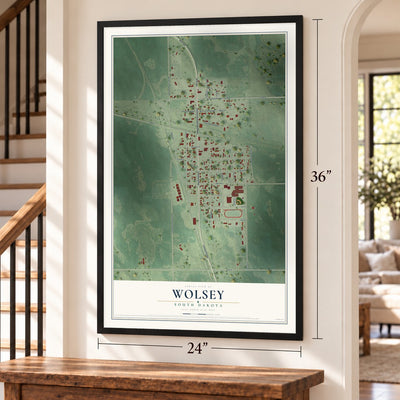 Wolsey, South Dakota map, 24 x 36 inch print in a black frame by a staircase