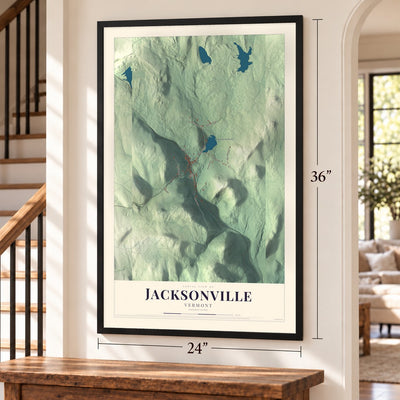 Jacksonville, Vermont map, 24 x 36 inch print in a black frame by a staircase