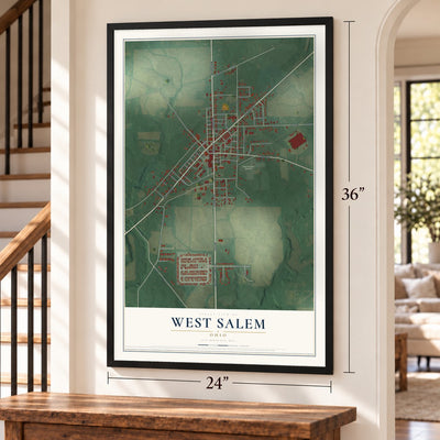 West Salem, Ohio map, 24 x 36 inch print in a black frame by a staircase