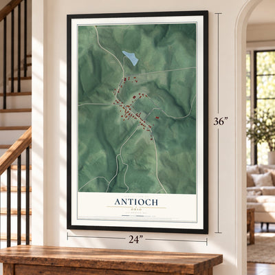 Antioch, Ohio map, 24 x 36 inch print in a black frame by a staircase