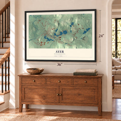 Ayer, Massachusetts map, 24 x 36 inch print in a black frame above a dresser by a staircase