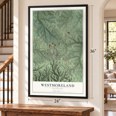 Westmoreland, Tennessee map, 24 x 36 inch print in a black frame by a staircase