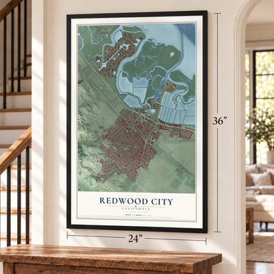 Redwood City, California map, 24 x 36 inch print in a black frame by a staircase
