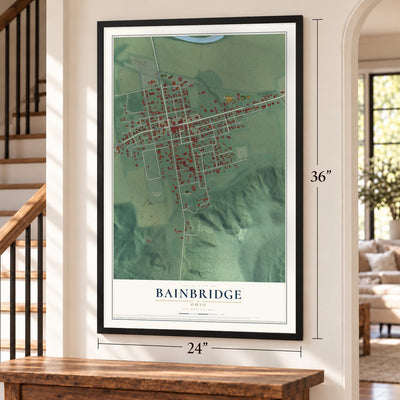 Bainbridge, Ohio map, 24 x 36 inch print in a black frame by a staircase