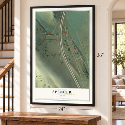 Spencer, Idaho map, 24 x 36 inch print in a black frame by a staircase