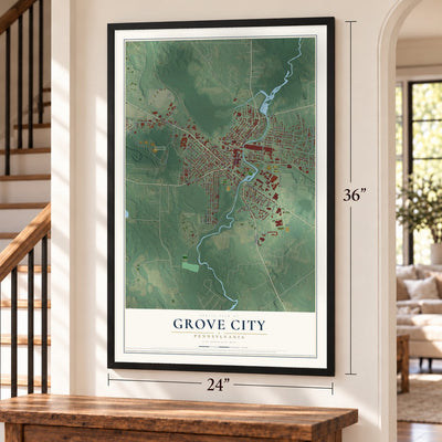 Grove City, Pennsylvania map, 24 x 36 inch print in a black frame by a staircase