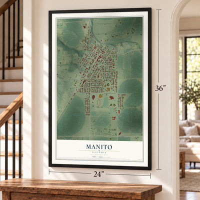 Manito, Illinois map, 24 x 36 inch print in a black frame by a staircase