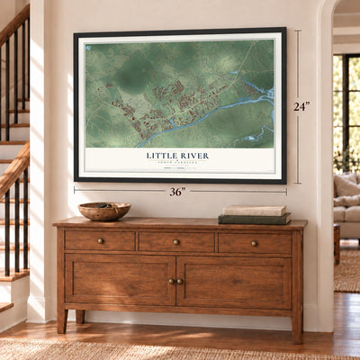 Little River, South Carolina map, 24 x 36 inch print in a black frame above a dresser by a staircase