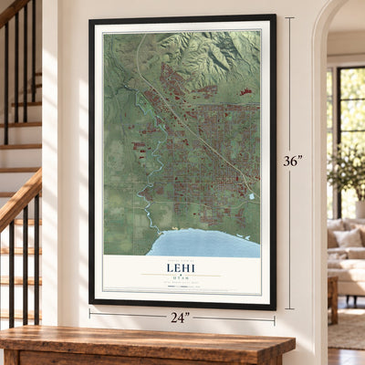 Lehi, Utah map, 24 x 36 inch print in a black frame by a staircase