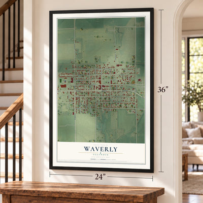 Waverly, Illinois map, 24 x 36 inch print in a black frame by a staircase