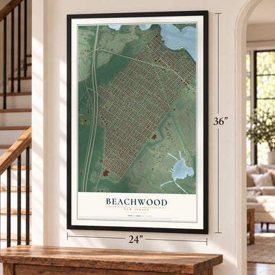 Beachwood, New Jersey map, 24 x 36 inch print in a black frame by a staircase
