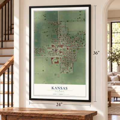 Kansas, Illinois map, 24 x 36 inch print in a black frame by a staircase