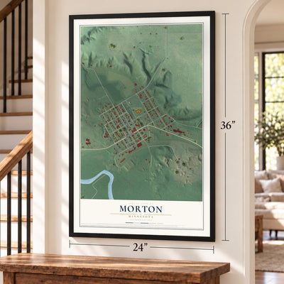 Morton, Minnesota map, 24 x 36 inch print in a black frame by a staircase
