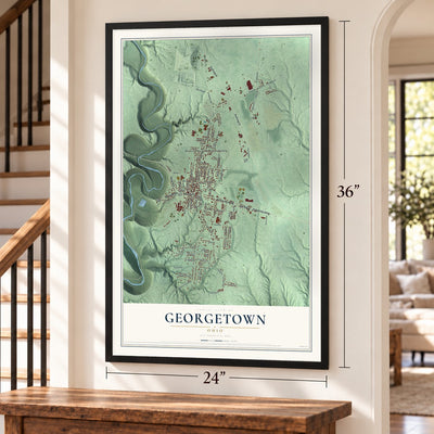 Georgetown, Ohio map, 24 x 36 inch print in a black frame by a staircase