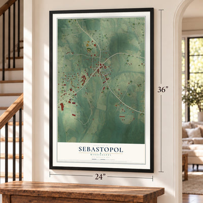 Sebastopol, Mississippi map, 24 x 36 inch print in a black frame by a staircase