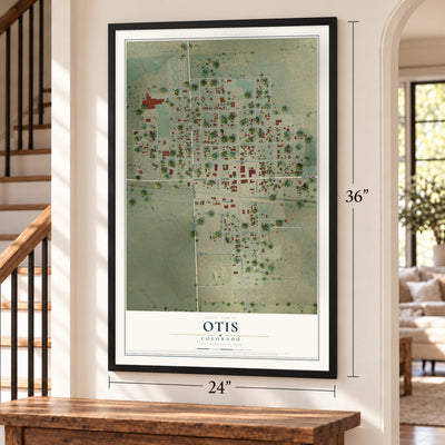 Otis, Colorado map, 24 x 36 inch print in a black frame by a staircase