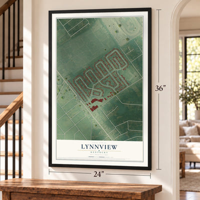 Lynnview, Kentucky map, 24 x 36 inch print in a black frame by a staircase
