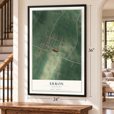 Ekron, Kentucky map, 24 x 36 inch print in a black frame by a staircase