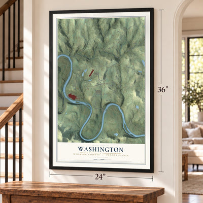 Washington, Wyoming County, Pennsylvania map, 24 x 36 inch print in a black frame by a staircase