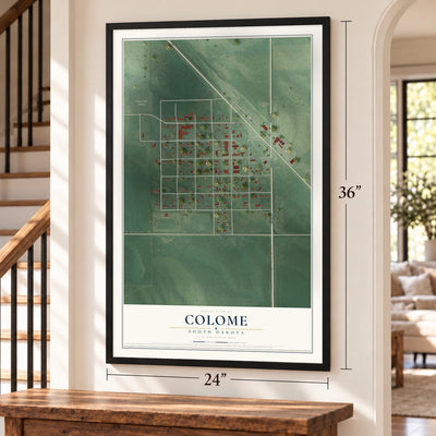 Colome, South Dakota map, 24 x 36 inch print in a black frame by a staircase