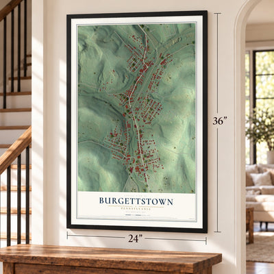 Burgettstown, Pennsylvania map, 24 x 36 inch print in a black frame by a staircase