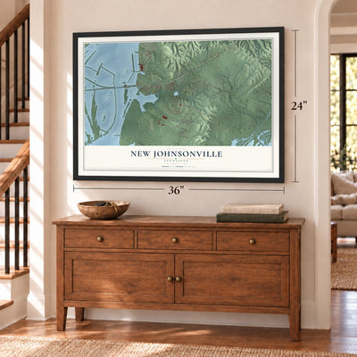 New Johnsonville, Tennessee map, 24 x 36 inch print in a black frame above a dresser by a staircase
