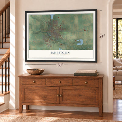 Jamestown, North Dakota map, 24 x 36 inch print in a black frame above a dresser by a staircase