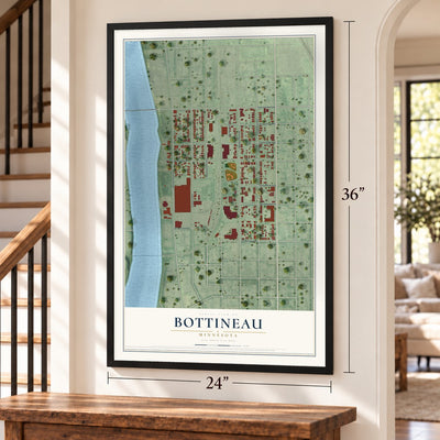 Bottineau, Minnesota map, 24 x 36 inch print in a black frame by a staircase