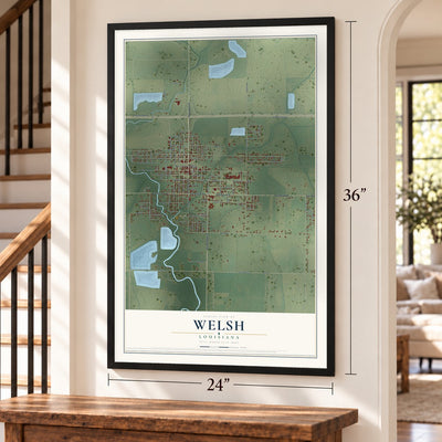 Welsh, Louisiana map, 24 x 36 inch print in a black frame by a staircase