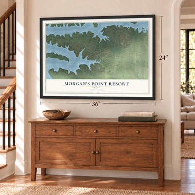 Morgan's Point Resort, Texas map, 24 x 36 inch print in a black frame above a dresser by a staircase