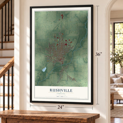 Rushville, Indiana map, 24 x 36 inch print in a black frame by a staircase
