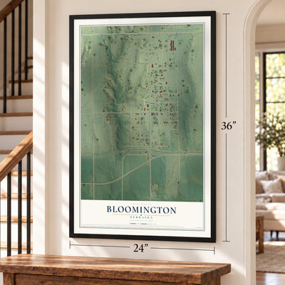 Bloomington, Nebraska map, 24 x 36 inch print in a black frame by a staircase