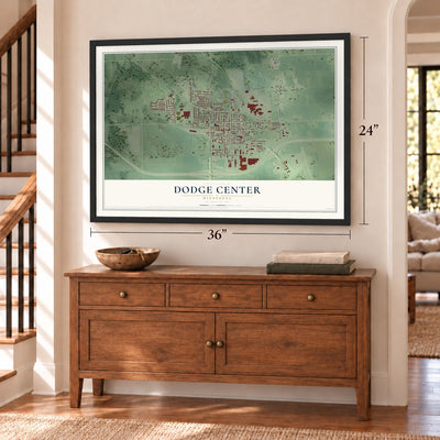 Dodge Center, Minnesota map, 24 x 36 inch print in a black frame above a dresser by a staircase