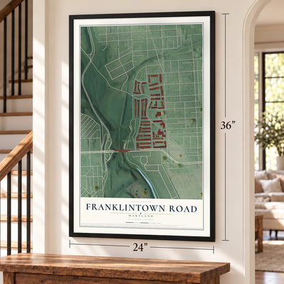 Franklintown Road, Maryland map, 24 x 36 inch print in a black frame by a staircase