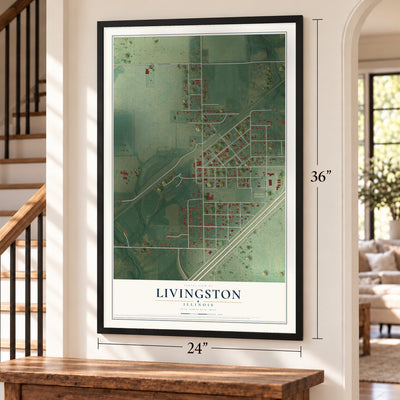 Livingston, Illinois map, 24 x 36 inch print in a black frame by a staircase