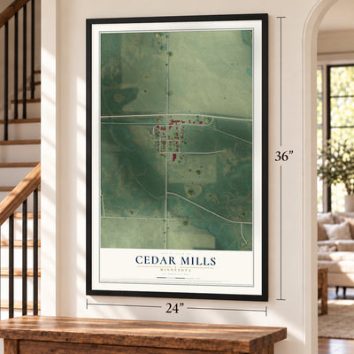 Cedar Mills, Minnesota map, 24 x 36 inch print in a black frame by a staircase