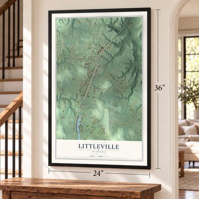 Littleville, Alabama map, 24 x 36 inch print in a black frame by a staircase