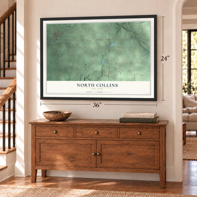 North Collins, New York map, 24 x 36 inch print in a black frame above a dresser by a staircase