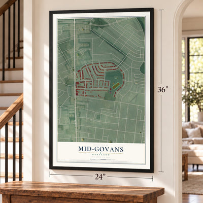 Mid-Govans, Maryland map, 24 x 36 inch print in a black frame by a staircase