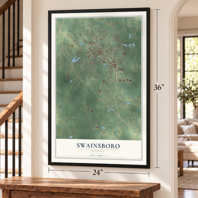 Swainsboro, Georgia map, 24 x 36 inch print in a black frame by a staircase